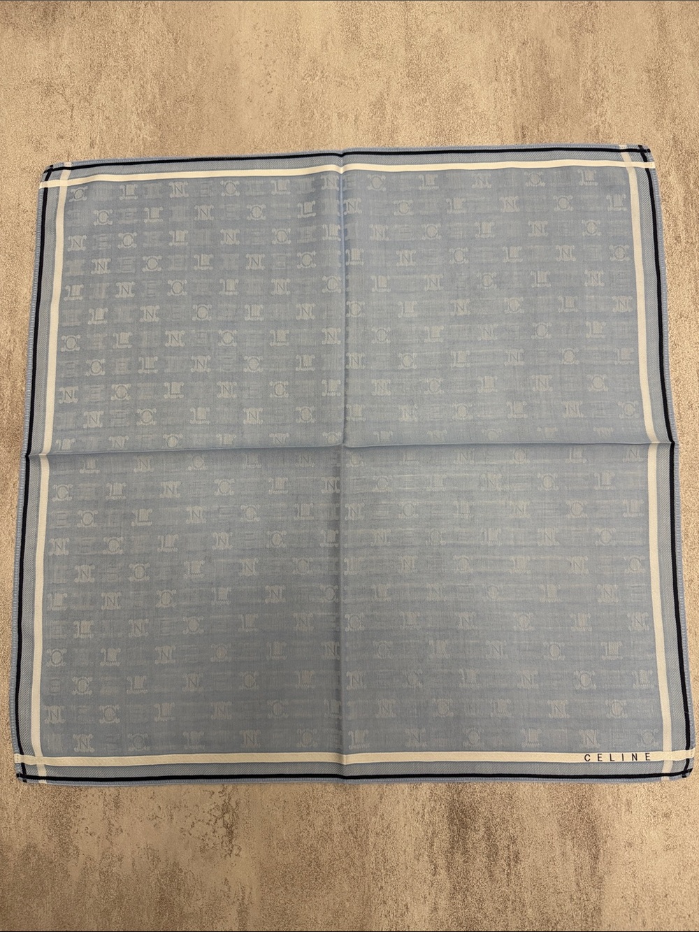 Celine Pale Blue Logo-Print cotton Square Scarf with Navy Trim